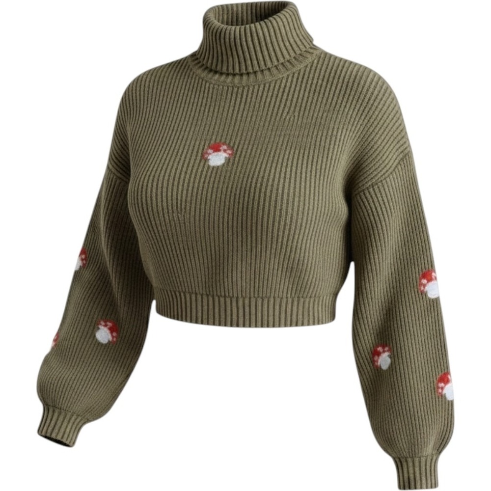 ROMWE Sweater Womens Large Green Mushroom Embroidered Turtleneck Pullover Knit
